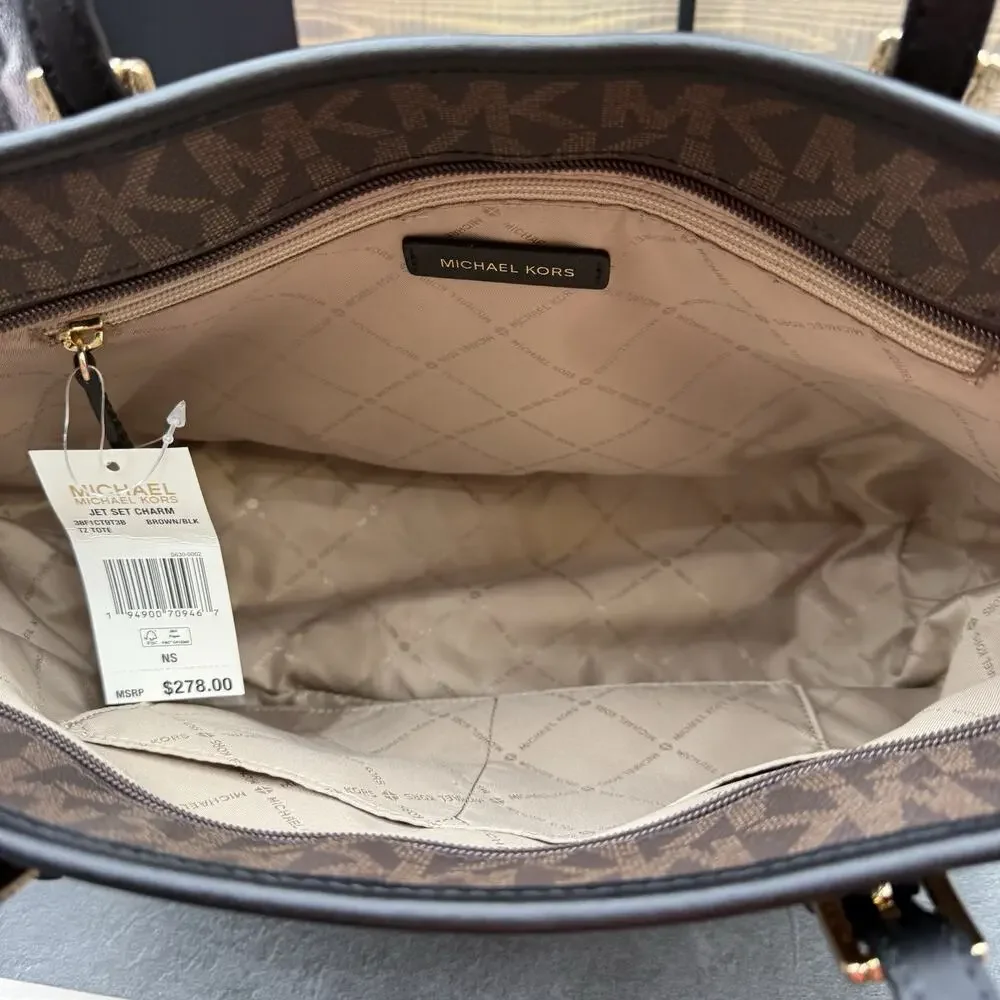 Michael Kors Jet Set Charm Large Brown Black Monogram Tote Bag Shoulder Purse